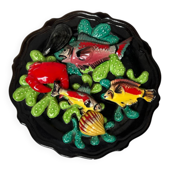 Assiette trompe l'œuil vallauris céramique xxème poissons coquillages