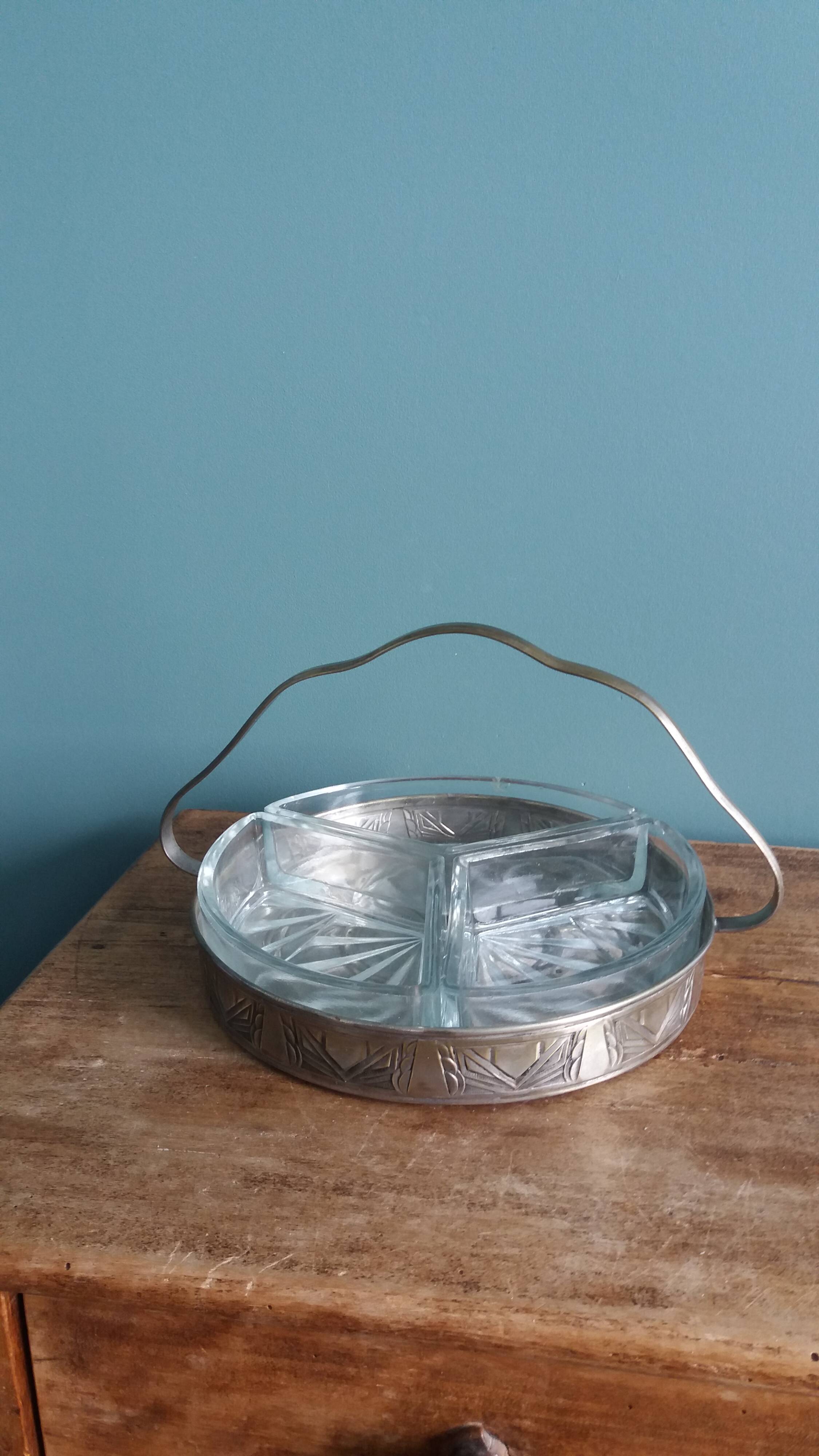 Aperitif platter, metal server and glass ramekins, Art Deco
