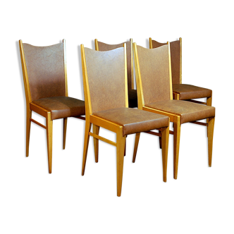 Suite de 5 chaises des années 70 bois et skaï