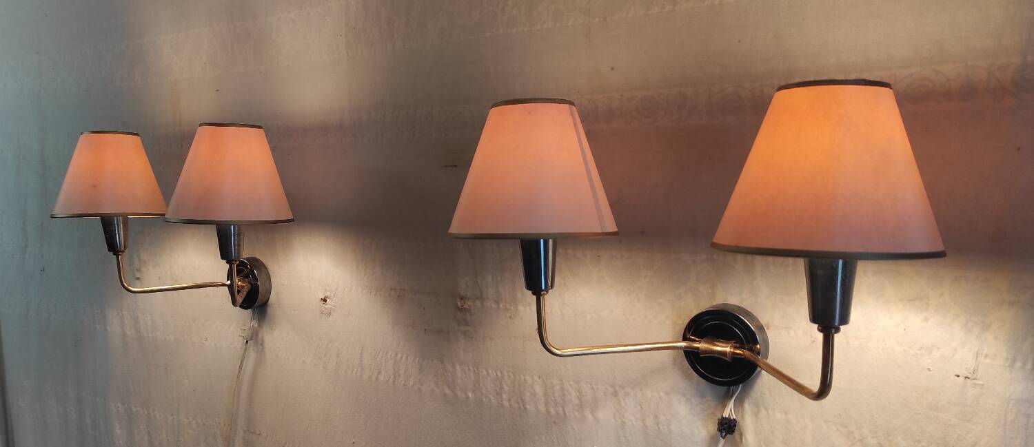 Double light wall sconces in gilded brass and gun barrel - 1950s/60s