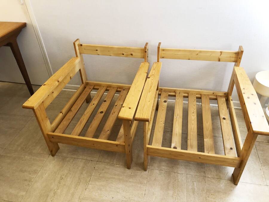Pair of Scandinavian pine armchairs, 1970