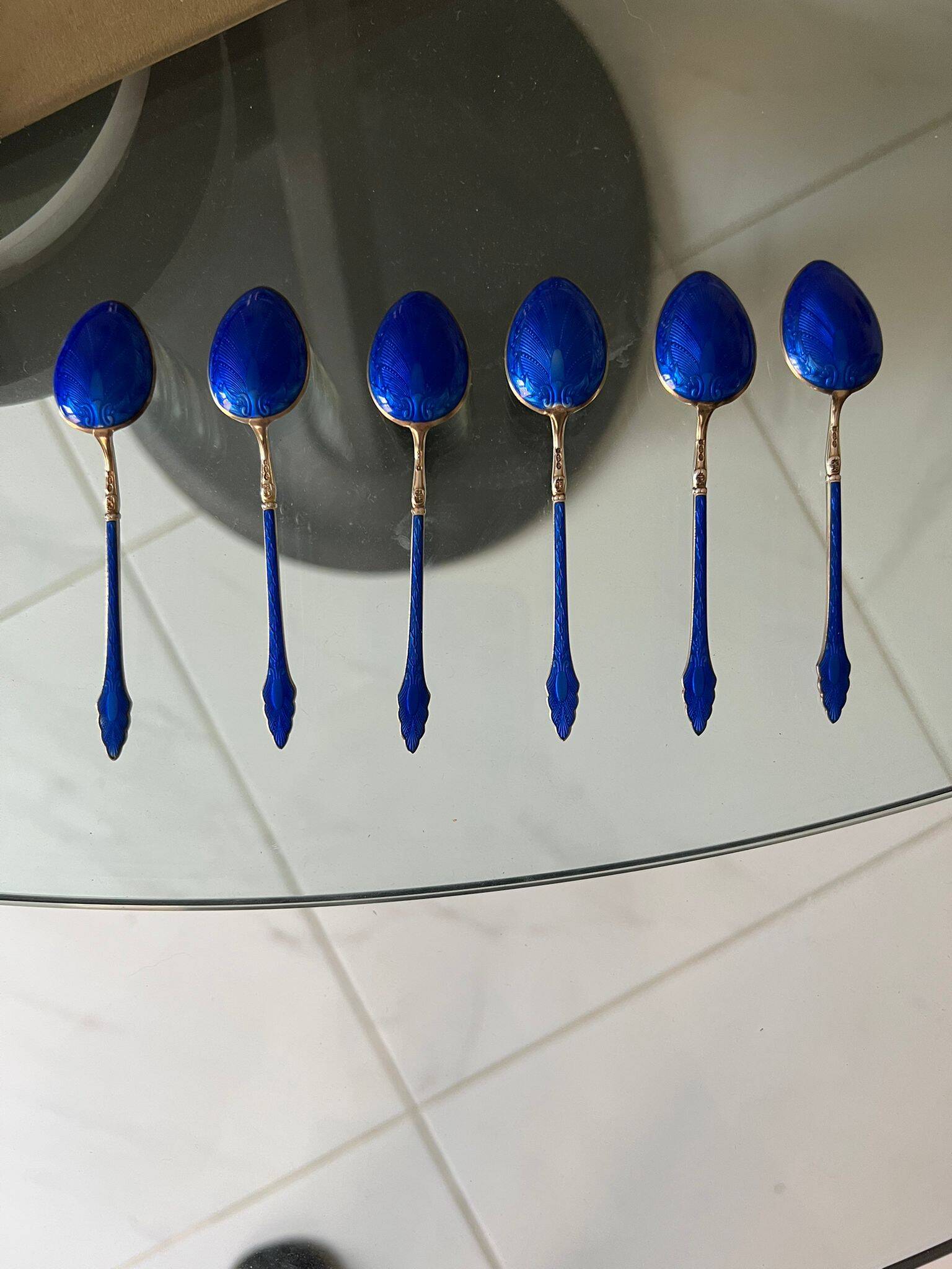 Coffee spoons late 19th century SOLID SILVER 995 3 hallmarks + ROYAL BLUE enamel ENGLISH origin