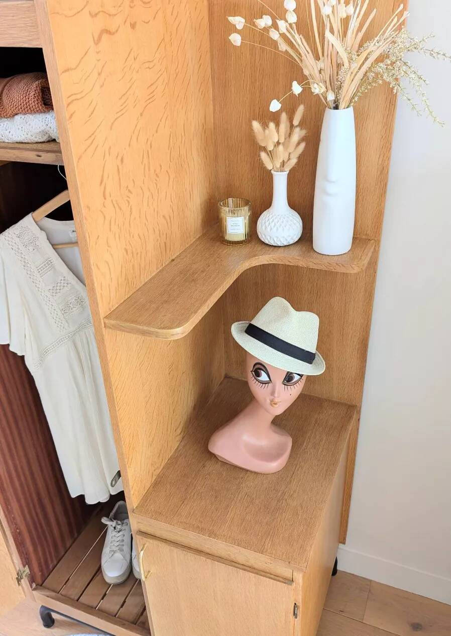 Renovated vintage asymmetrical oak wardrobe