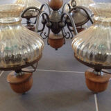 Lustre 6 lampes en bois et fer forgé