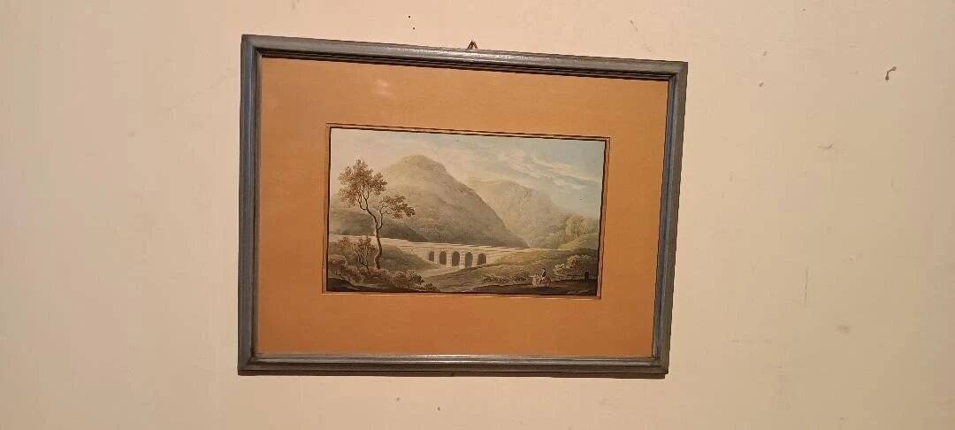 19th Century Watercolour on Paper – Landscape with Aqueduct and Bridge