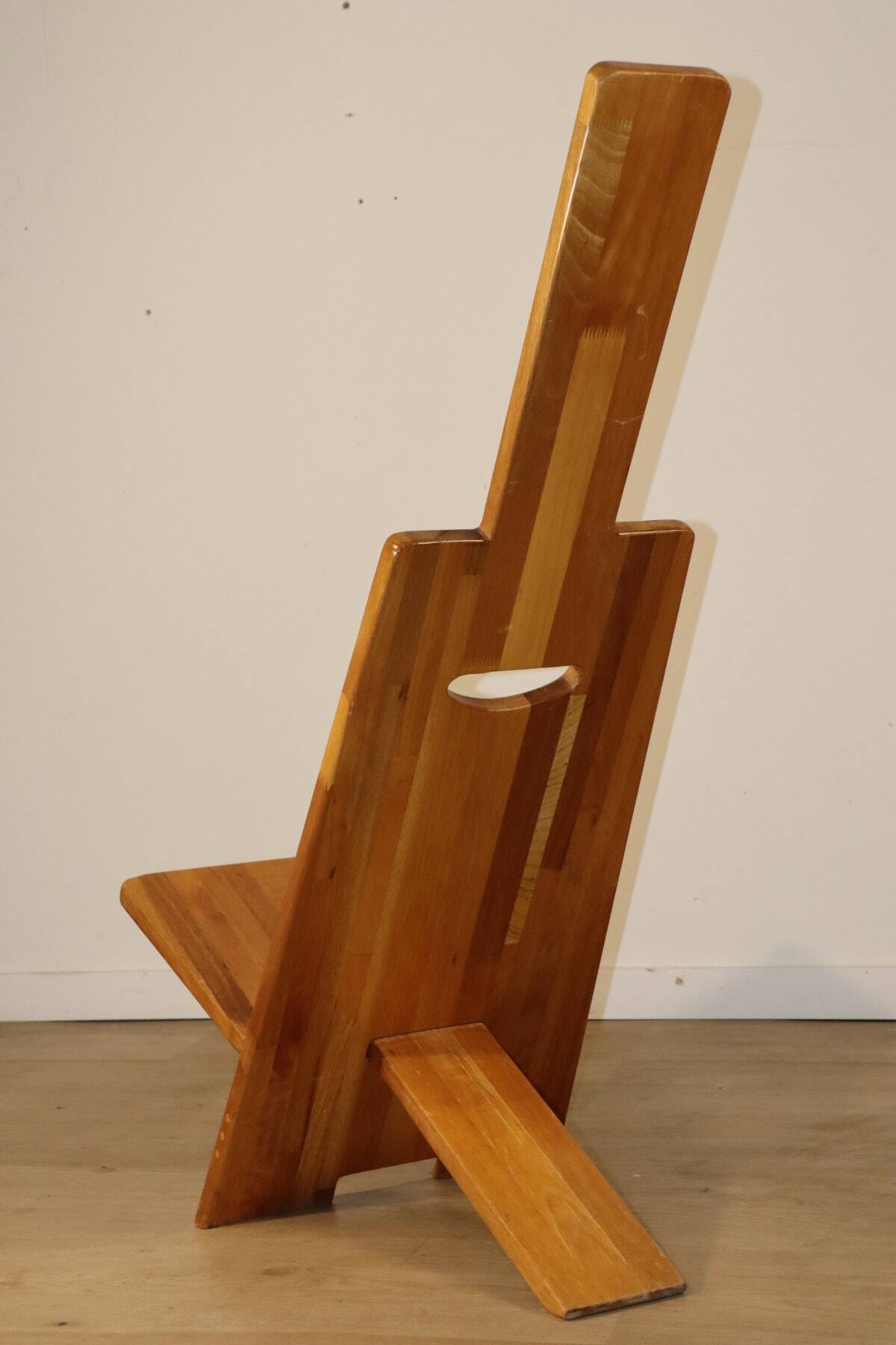Sculptural brutalist armchair in solid elm, 1980.