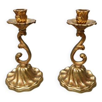 Paire de bougeoirs à volutes ~ Art-Déco années 30 ~ Laiton patiné ~ France