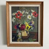 Oil on canvas still life with flowers and statuette 1920