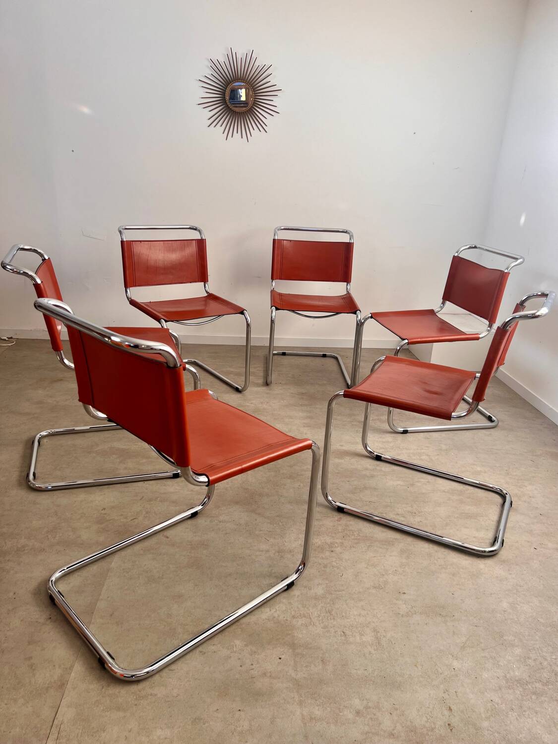 Lot 6 tubular chairs S33 design Mart Stam vintage cognac leather from the 70s