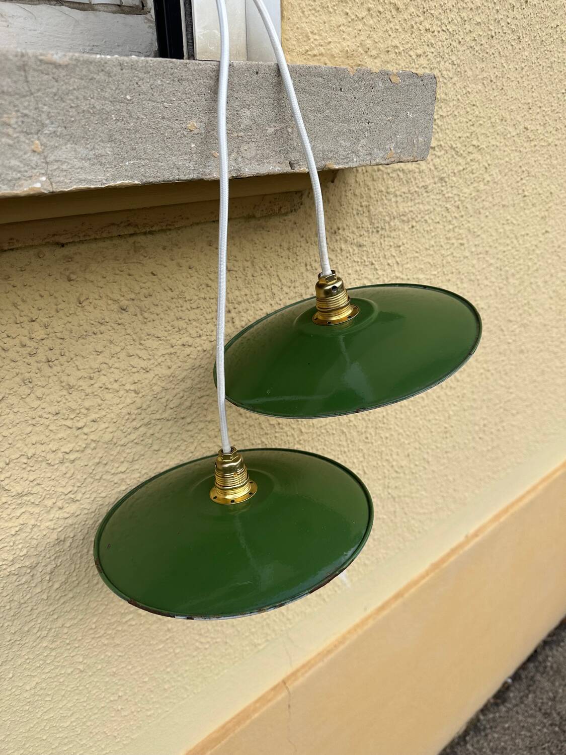 Pair of vintage lampshades, old enamelled sheet metal lampshades