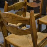 Set of 6 solid oak chairs with straw seats in the style of Guillerme and Chambron, 1950s