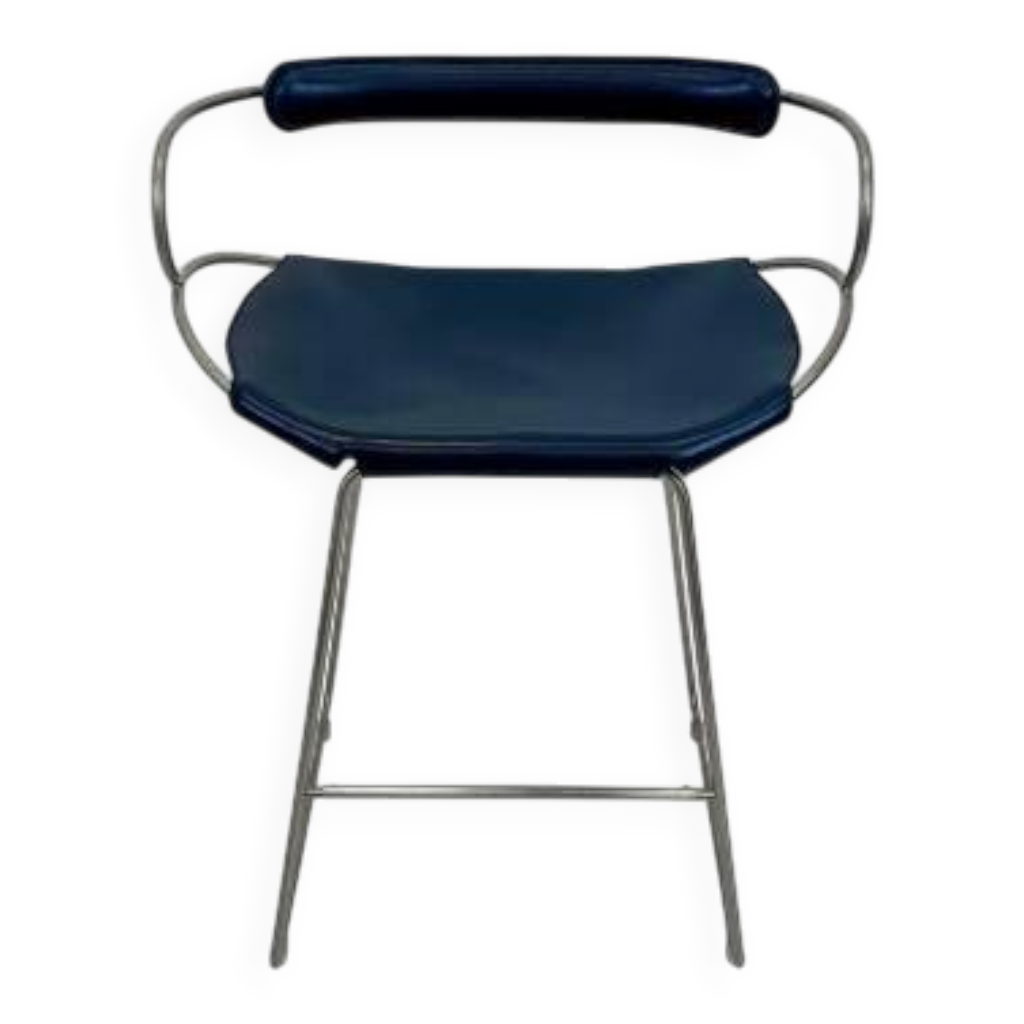 Kitchen bar stool with a smoked black metal backrest and navy blue leather.
