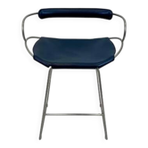 Kitchen bar stool with a smoked black metal backrest and navy blue leather.