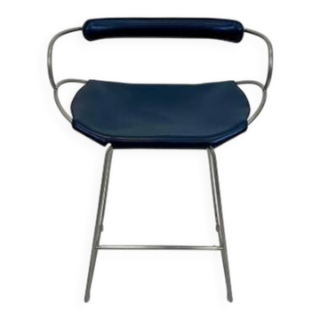 Kitchen bar stool with a smoked black metal backrest and navy blue leather.