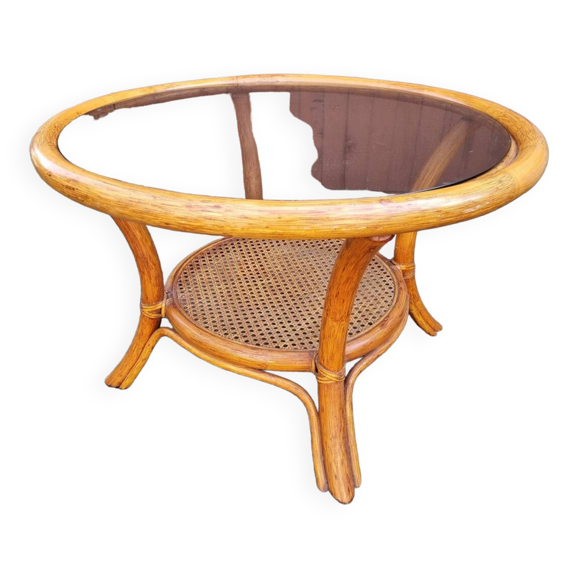 Round coffee table in cane and bamboo, vintage 1960