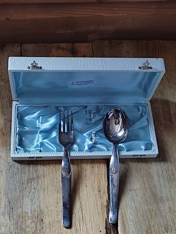 Cutlery baptism fork spoon silver metal box old box