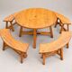 Round table in solid pine and its 4 curved benches – Vintage