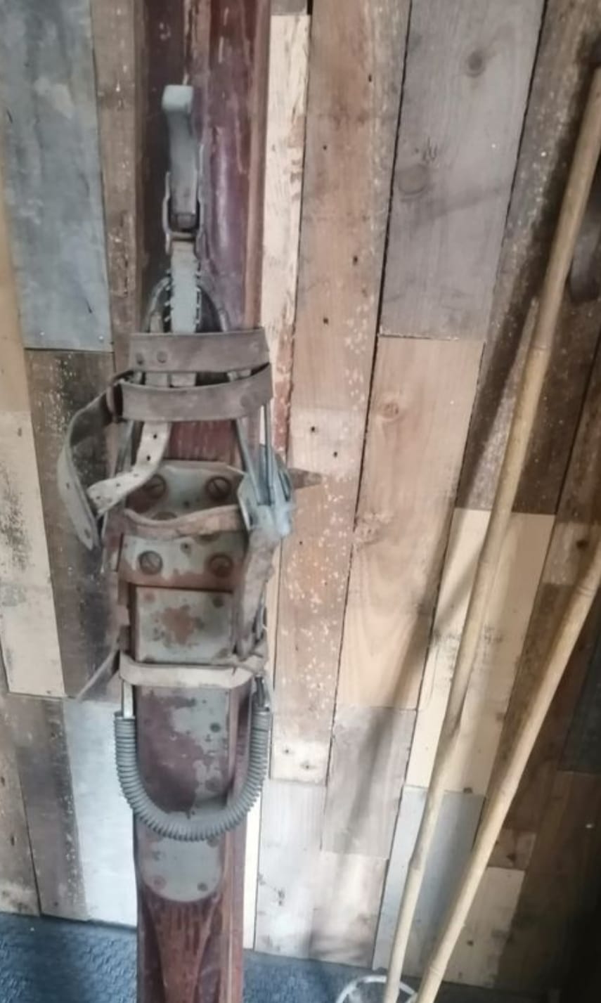 Pair of wooden ski & vintage ski poles year 1940