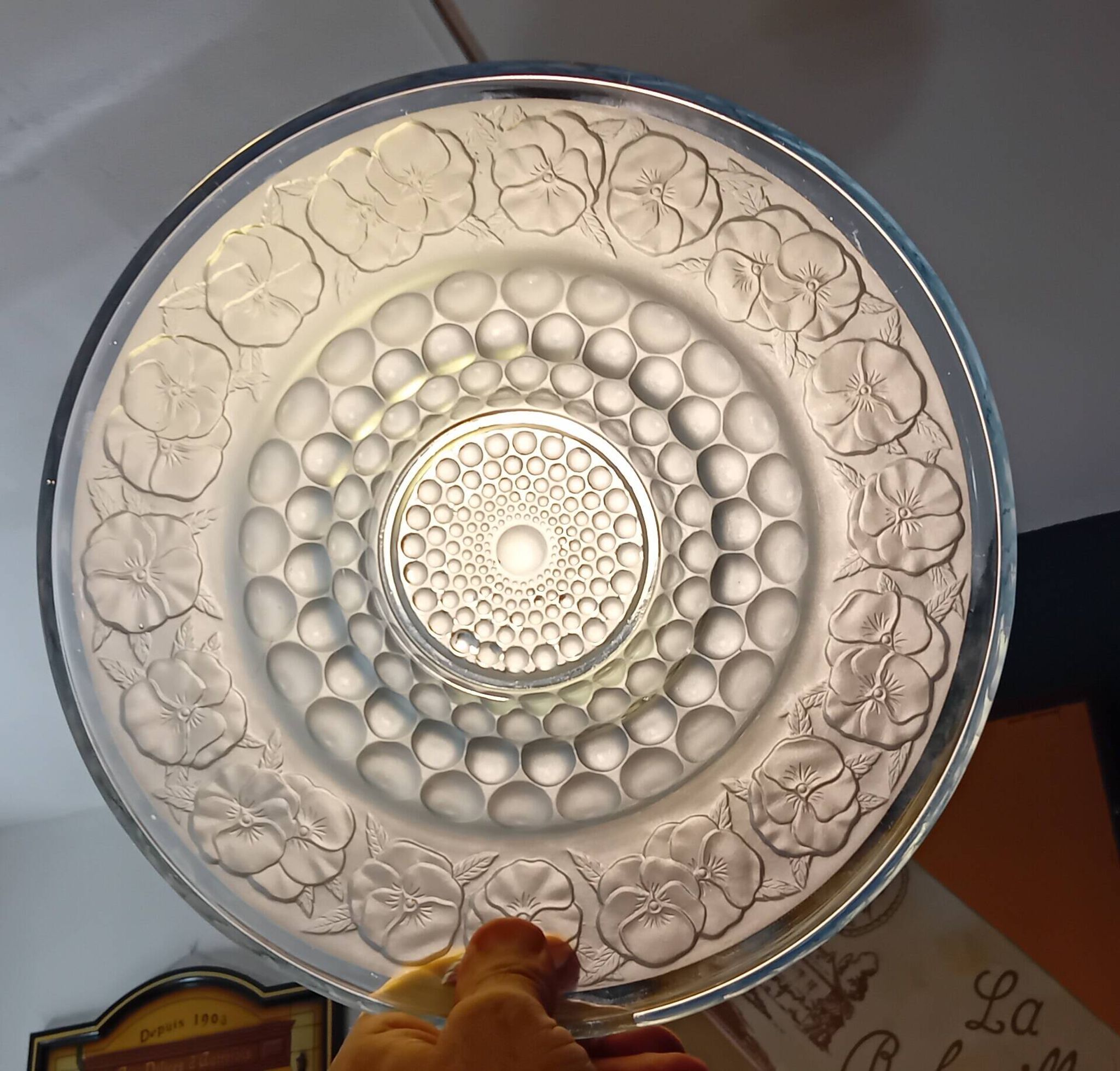 Art Deco blue glass centrepiece bowl with pansy decoration - 30 cm