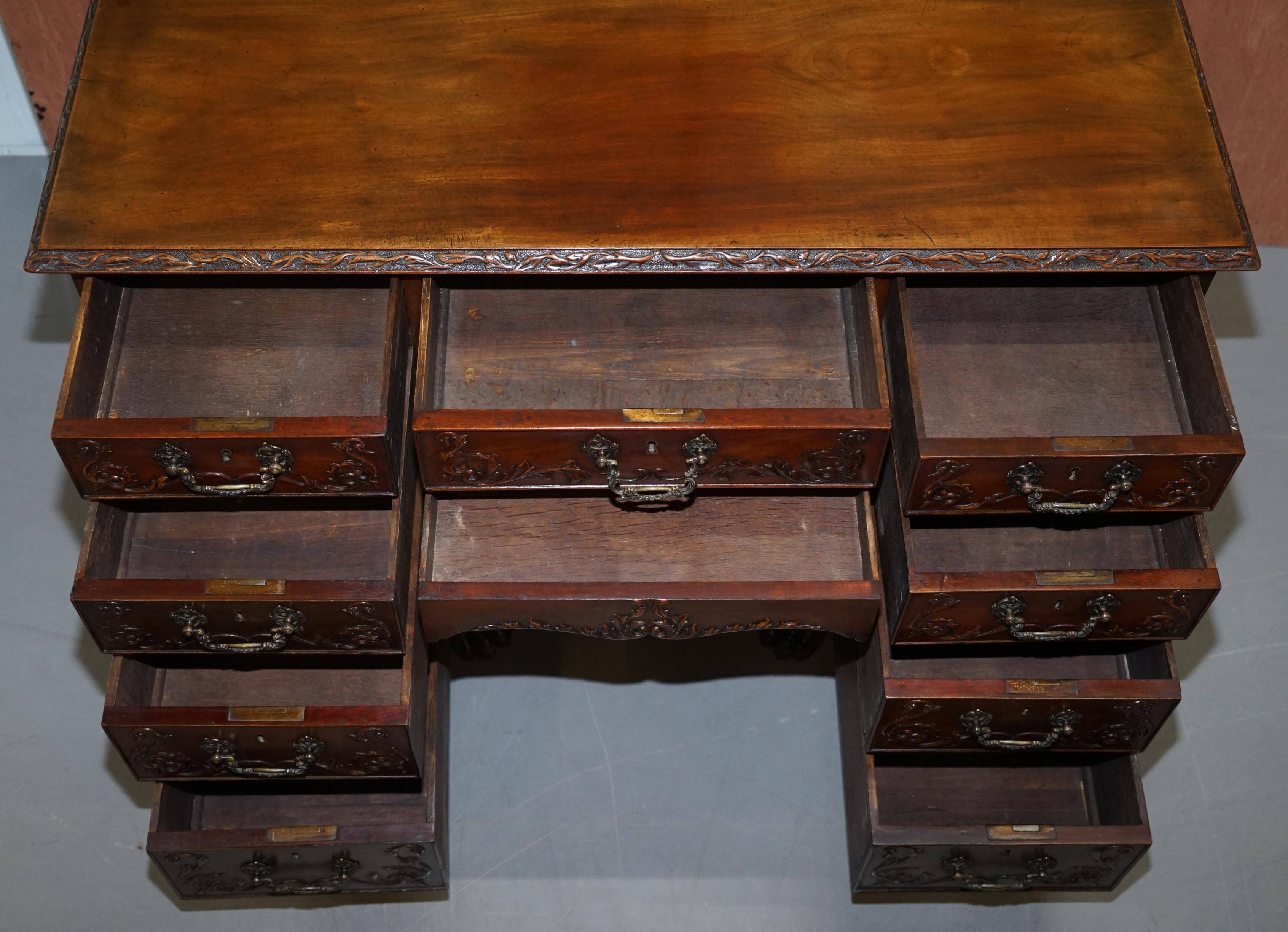 Victorian hand-carved kneehole desk 1850