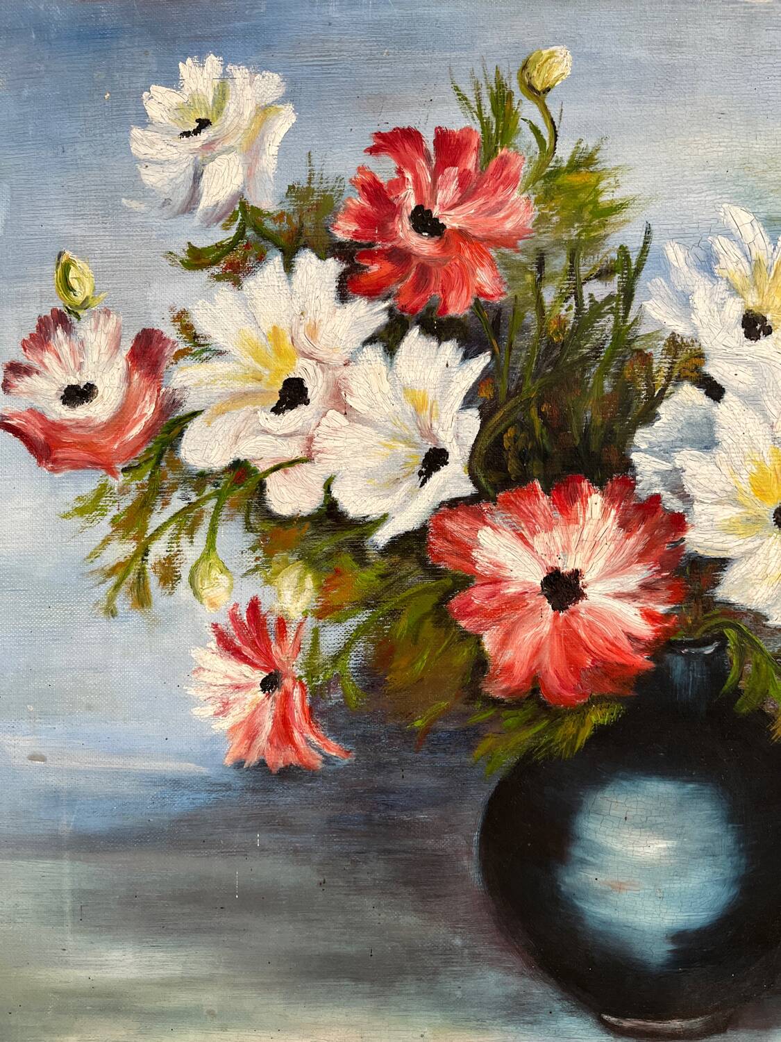 Old oil painting on cardboard bouquet of red and white anemone flowers 1985