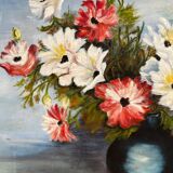 Peinture ancienne huile sur carton bouquet de fleurs anémones rouges et blanches 1985