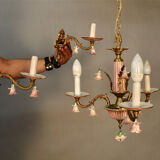 Italian chandelier in bronze and flowers in porcelain with his 2 appliques