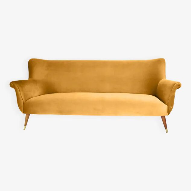 Three-seater velvet sofa, German, 1960s, mustard, restored.