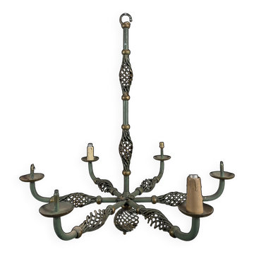 Large six-armed chandelier in patinated green wrought iron and brass.