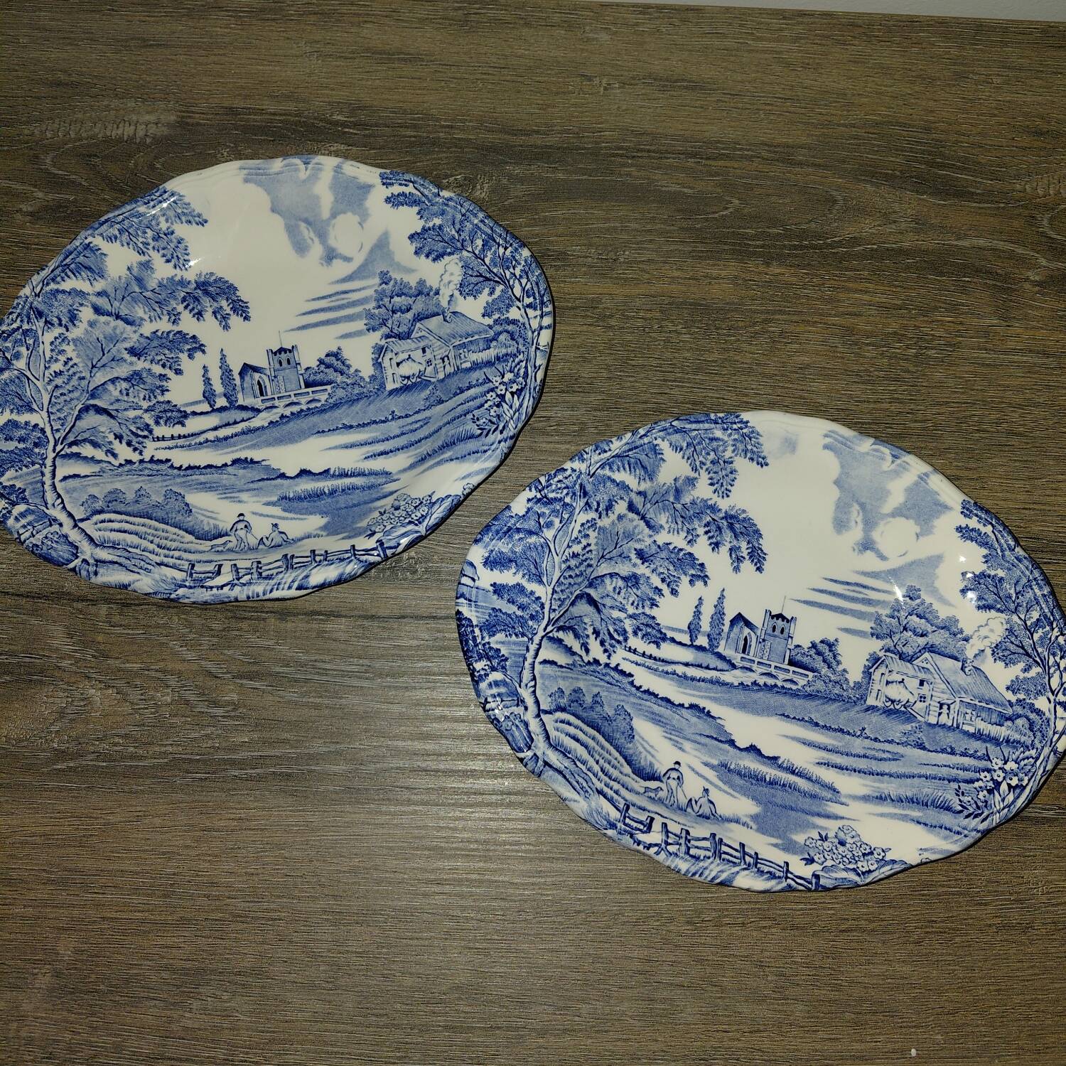 Porcelaine Lunéville - 2 petits plats paysage bleu