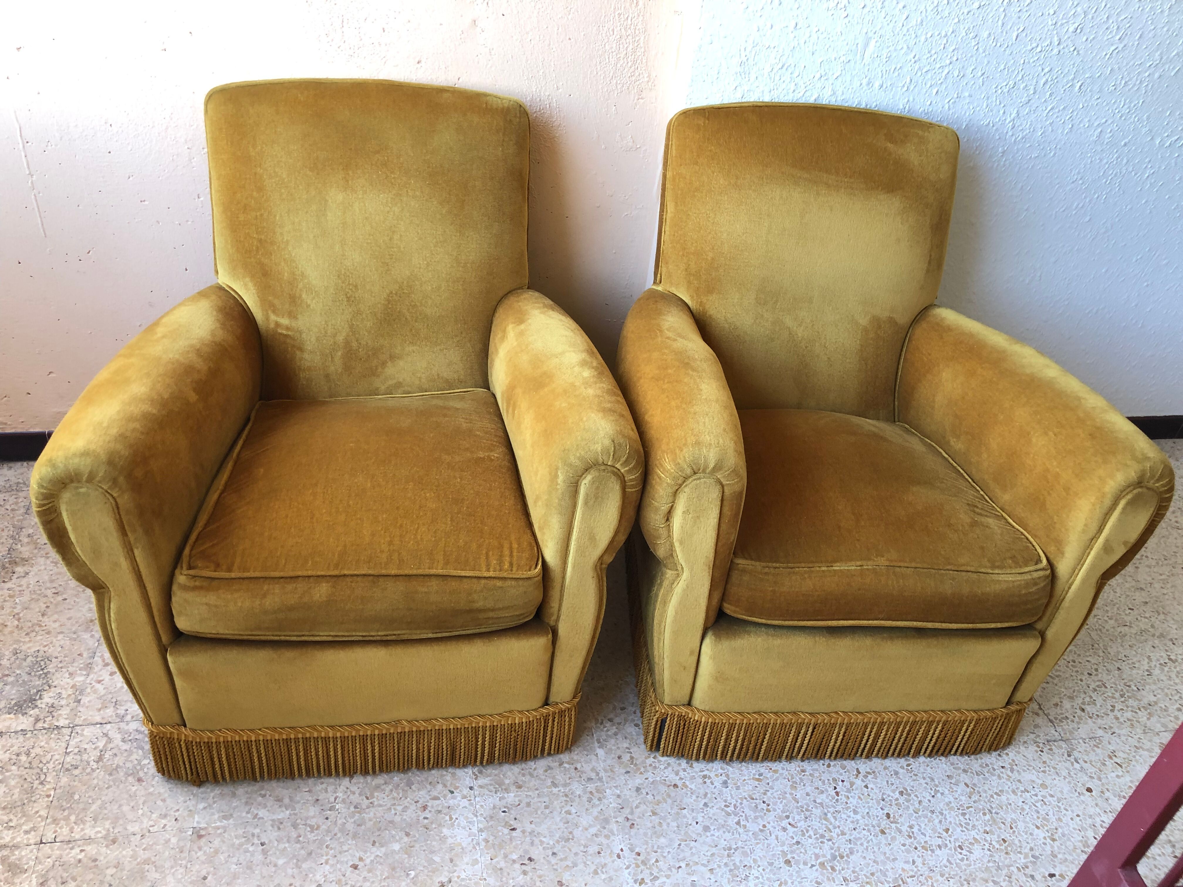 Pair of vintage yellow velvet armchairs