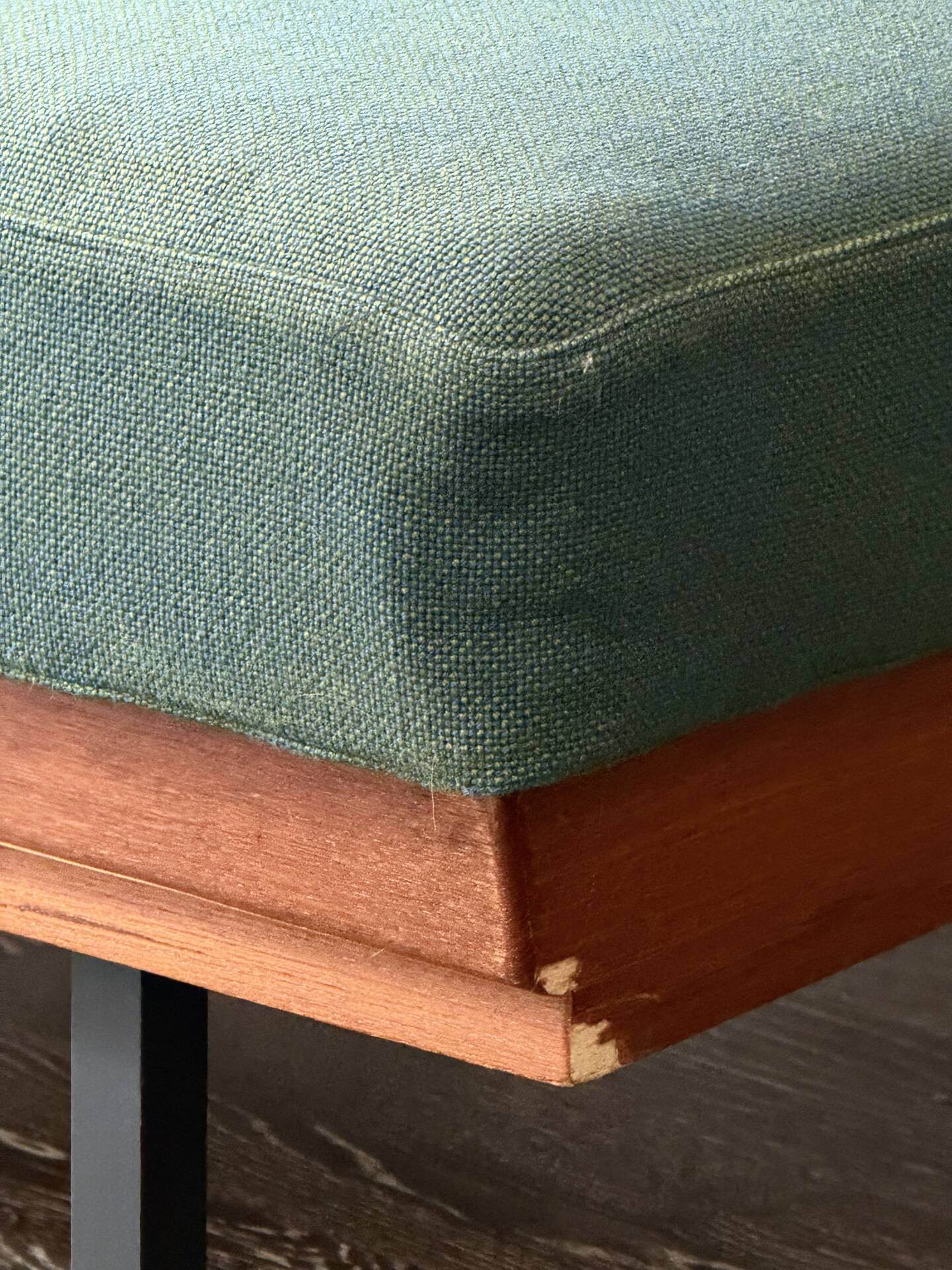 Vintage wooden sofa – modernist design, green mottled fabric