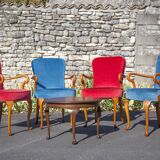 English lounge 4 armchairs and a coffee table Queen Anne armchairs blue and red fabric