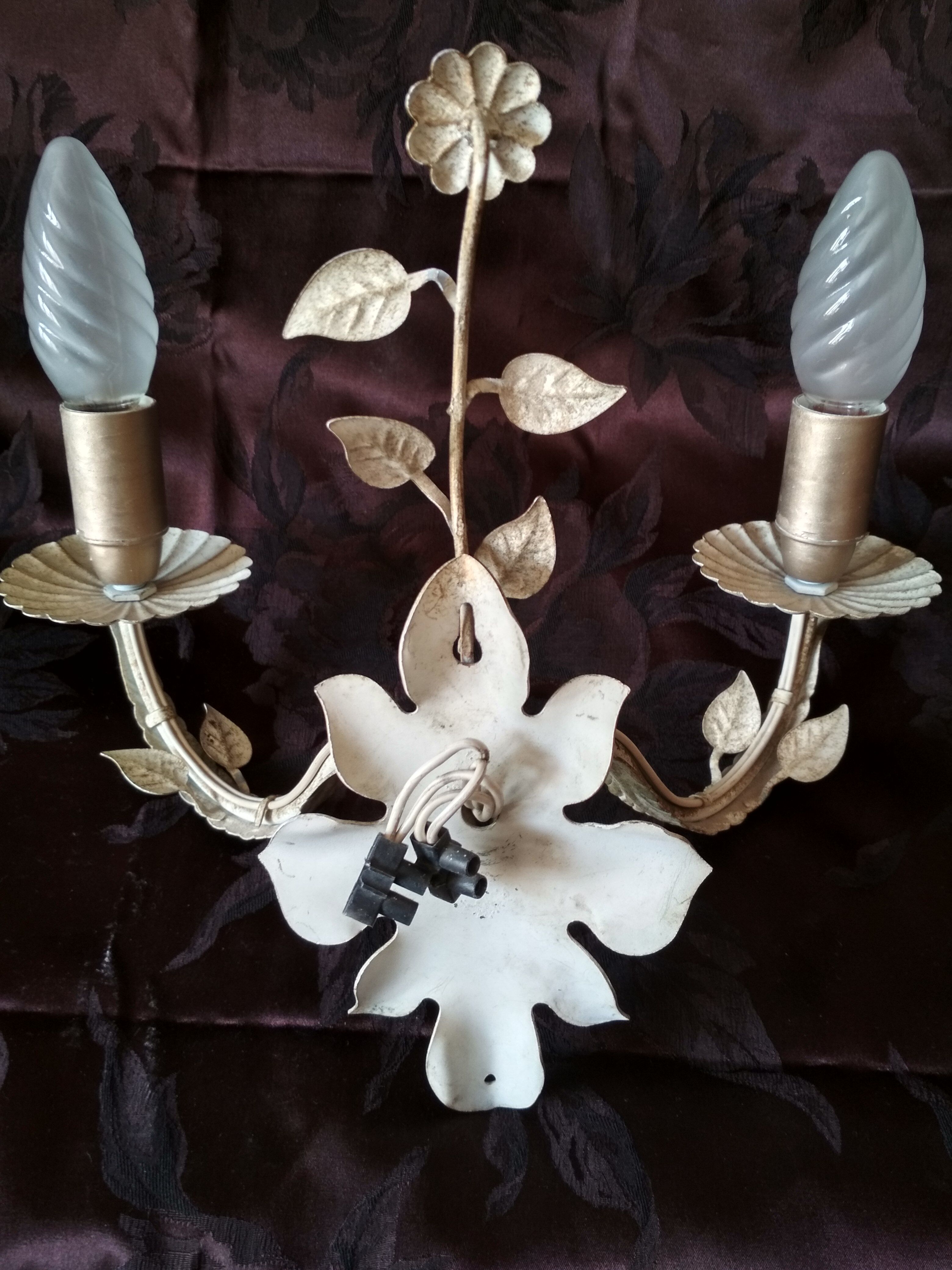 White glazed metal wall light with leaf and flower decor, 2 lights