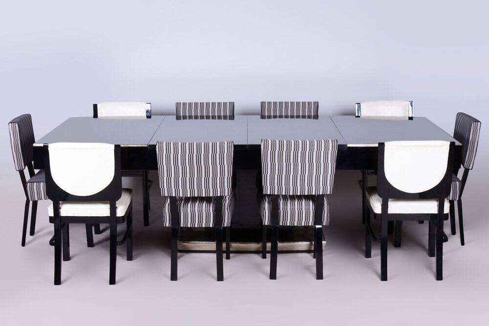 Large Art Deco Chrome and Black Glass Extendable Dining Table, 1930s