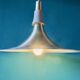 Large trumpet-shaped lamp in brushed and gold-plated aluminum. Denmark, 1970