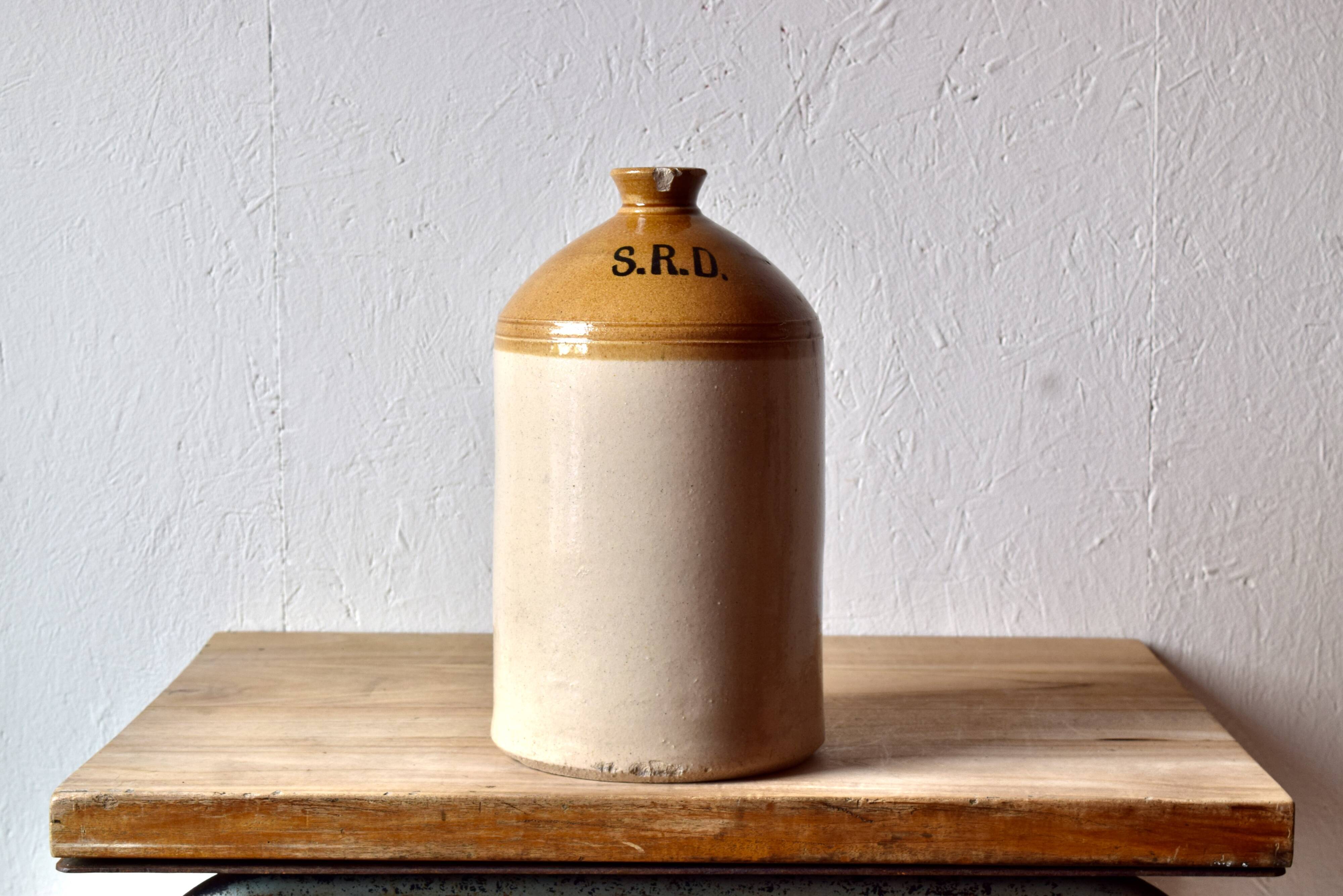 Antique British glazed stoneware rum jar SRD - Normandy - 1940s.