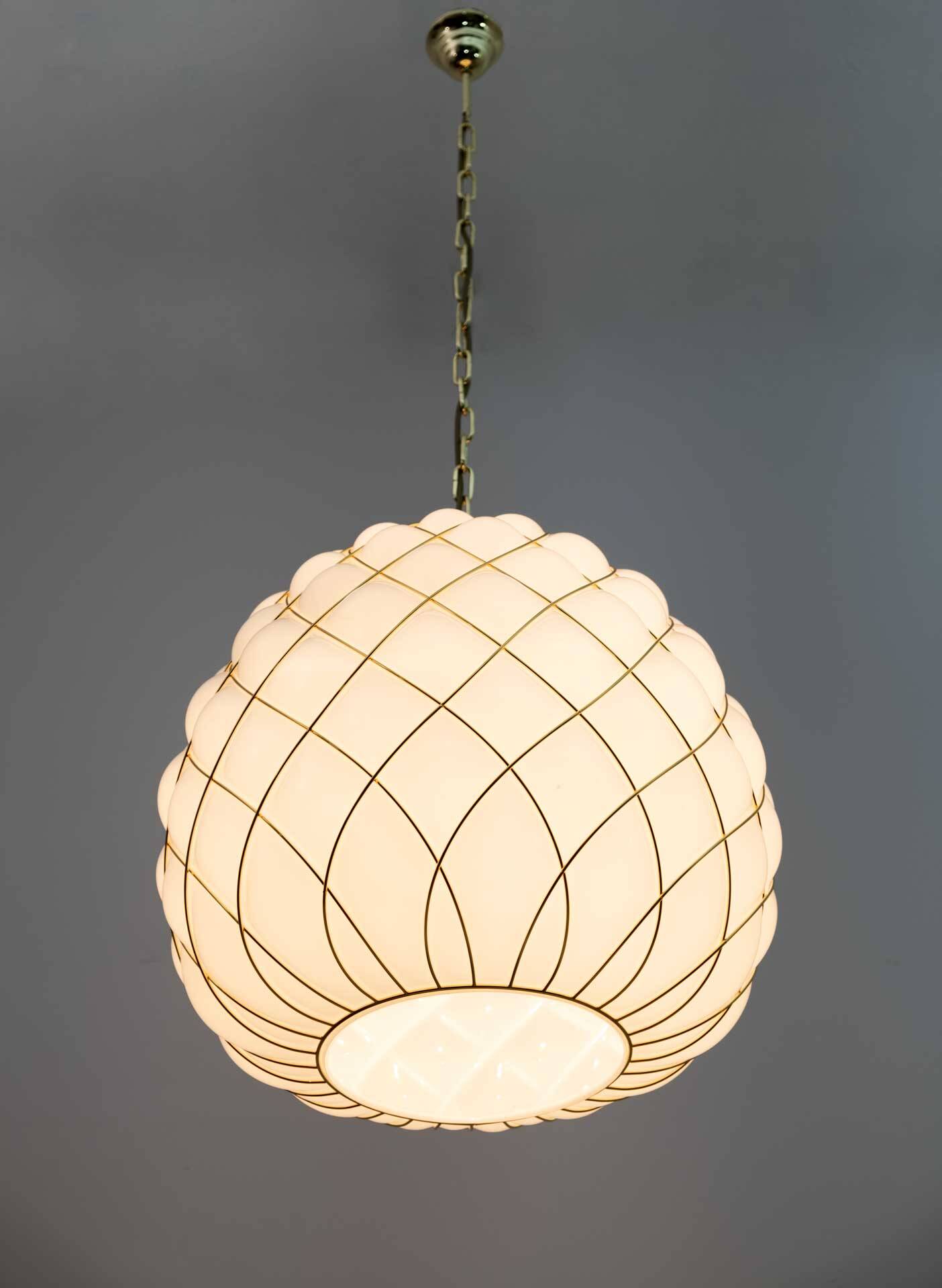 Modern Brass and Caged Murano Glass Large Pendant Lamp Fontana Arte Style