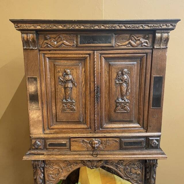 Antique carved wooden jam cupboard, two-part piece of furniture