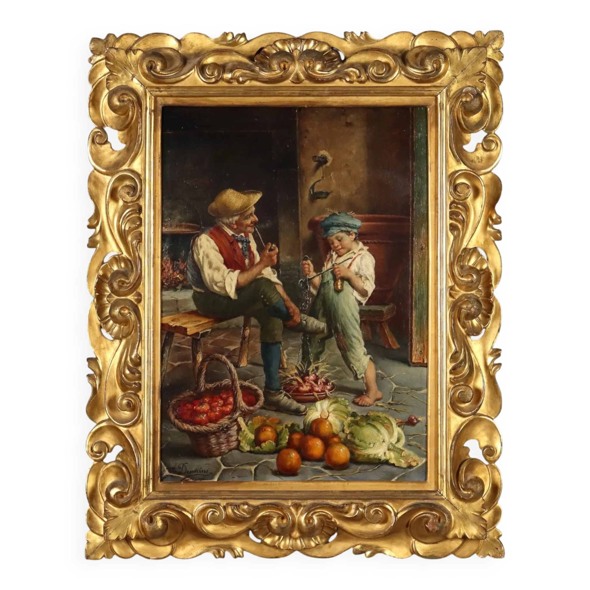 Old painting signed A. Dumini "Preparing for the Market" 19th century