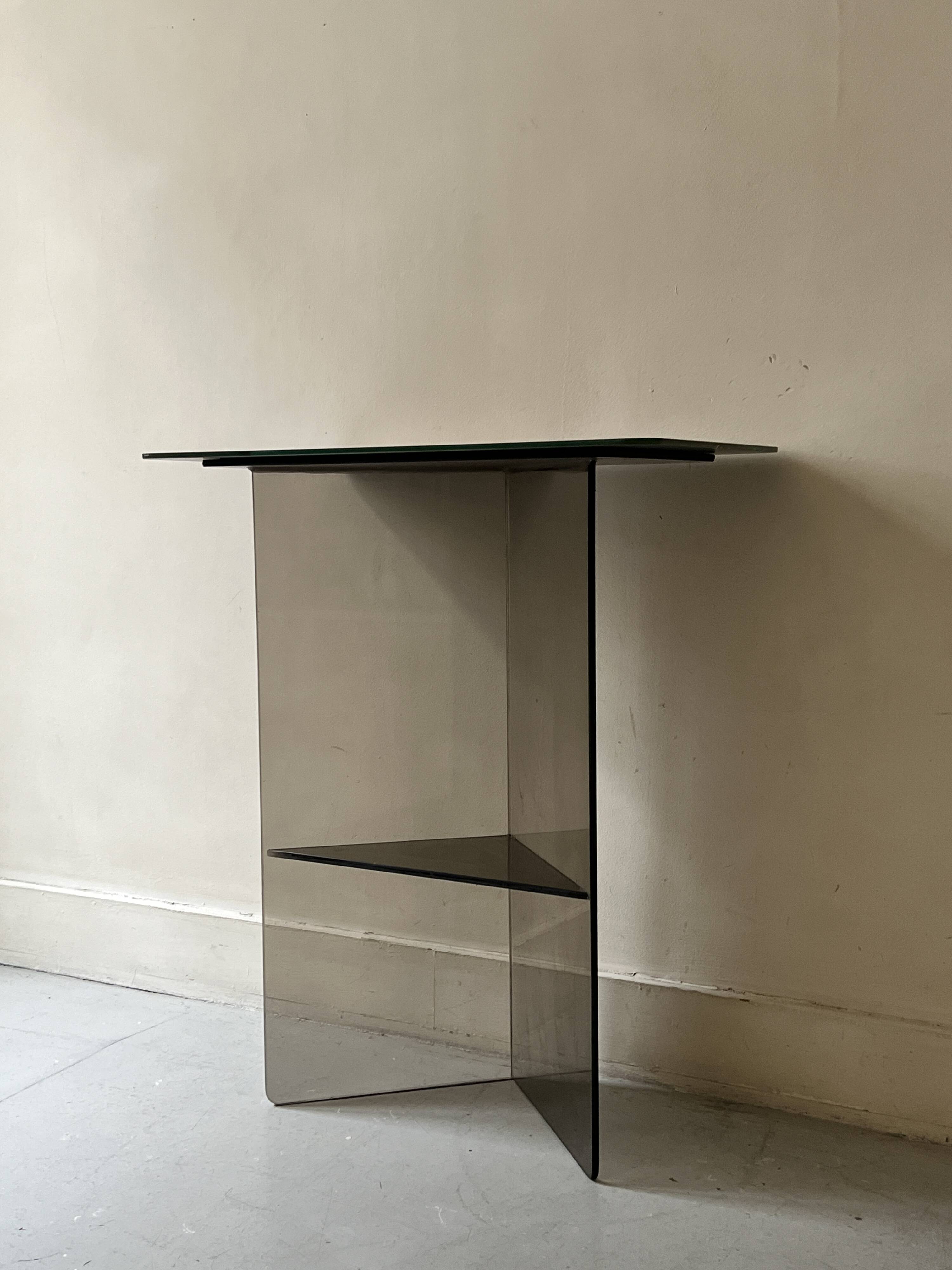 Vintage console in smoked glass and textured organic brown, 70s design.