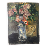 Bouquet of flowers on an entablature, signed