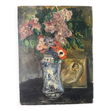 Bouquet of flowers on an entablature, signed