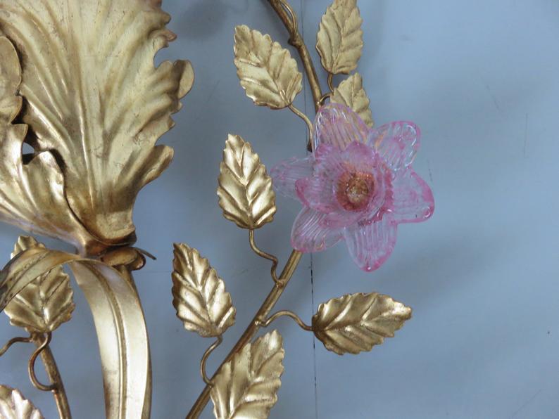 Wall light flower Hans Kogl in gold metal and pearls 70s