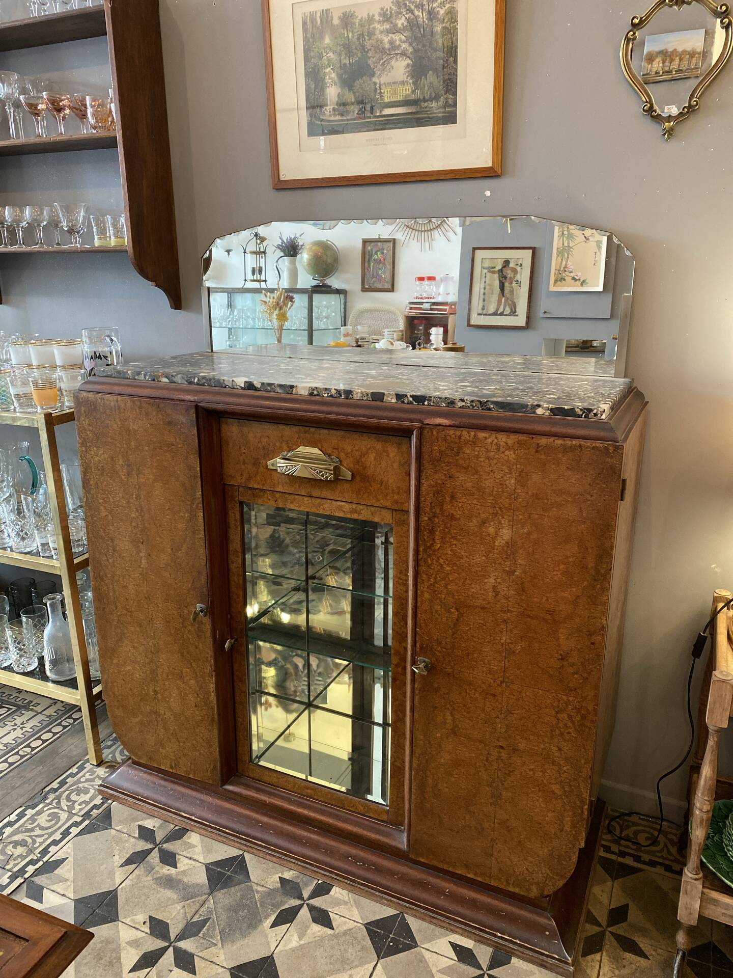 Art Deco wooden sideboard with mirror and marble