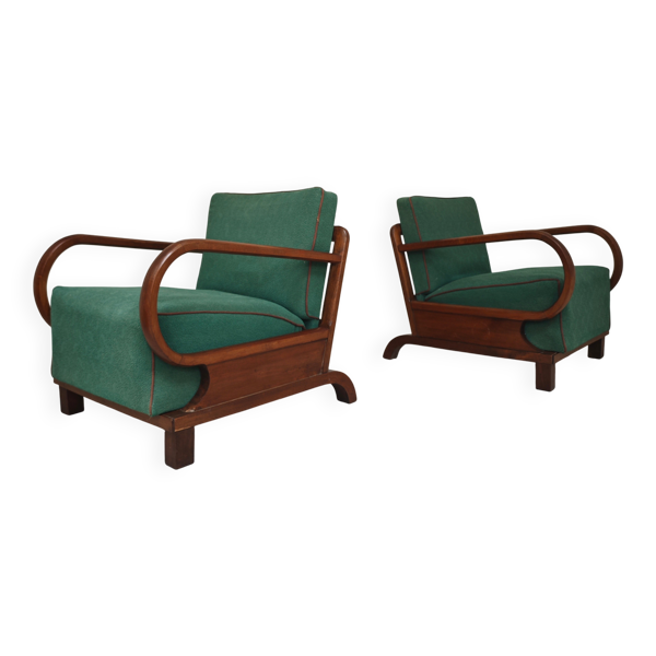 Paire de fauteuils Art déco vert par Jindrich Halabala, Prague 1930