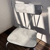 Formica table with marble motif, with drawer and its 3 chairs.