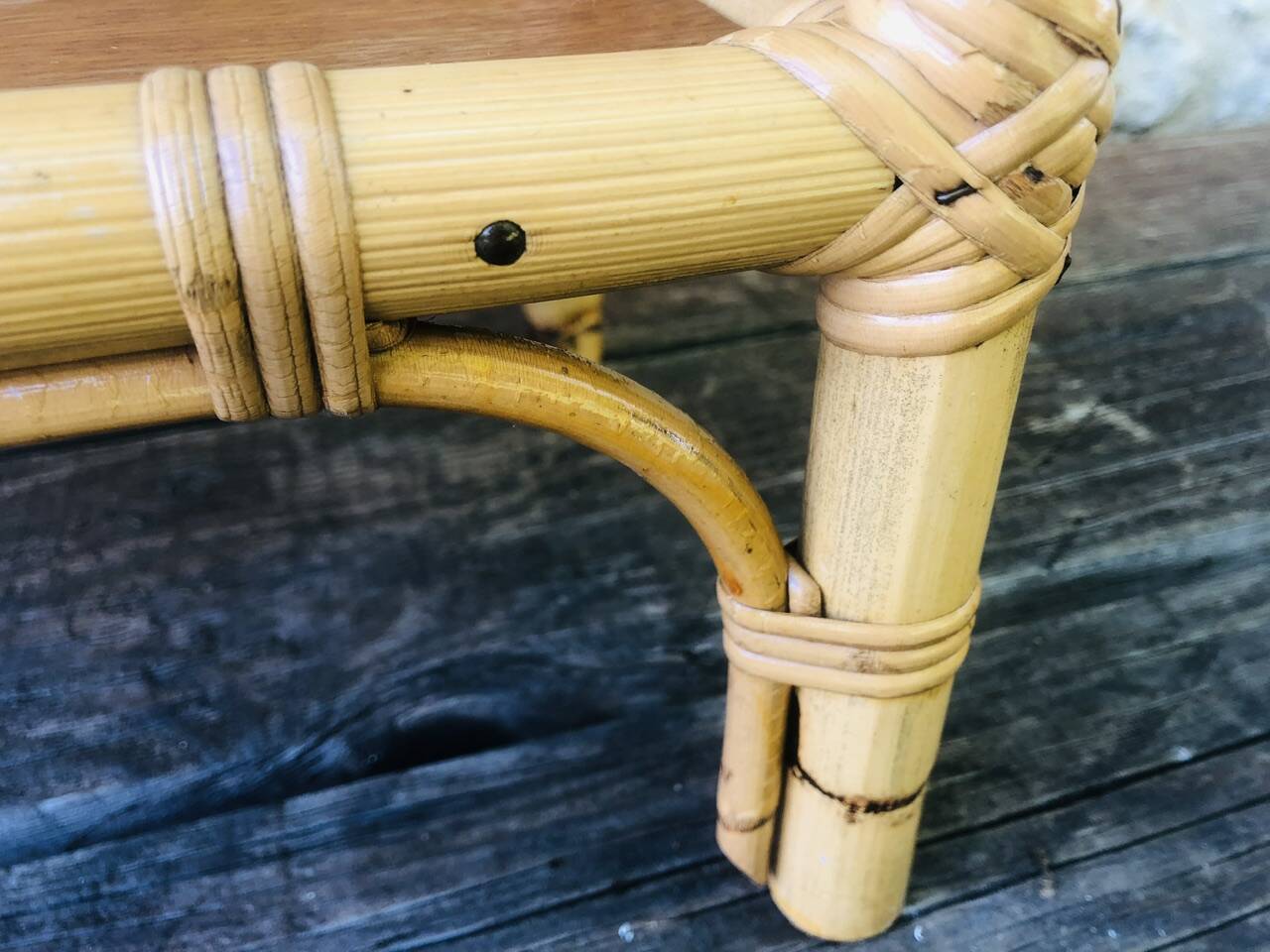 Wall shelf blond wood, bamboo, vintage rattan