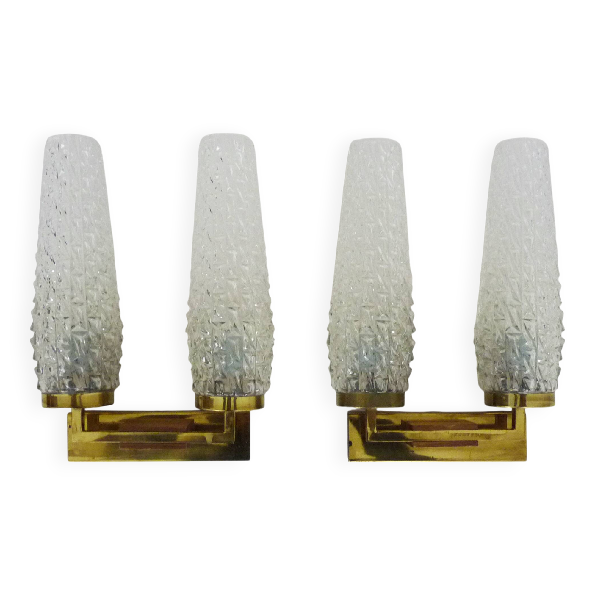 Pair of double-light wall lights, brass, teak globe, glass tubes. 50s-60s