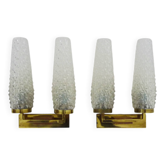 Pair of double-light wall lights, brass, teak globe, glass tubes. 50s-60s